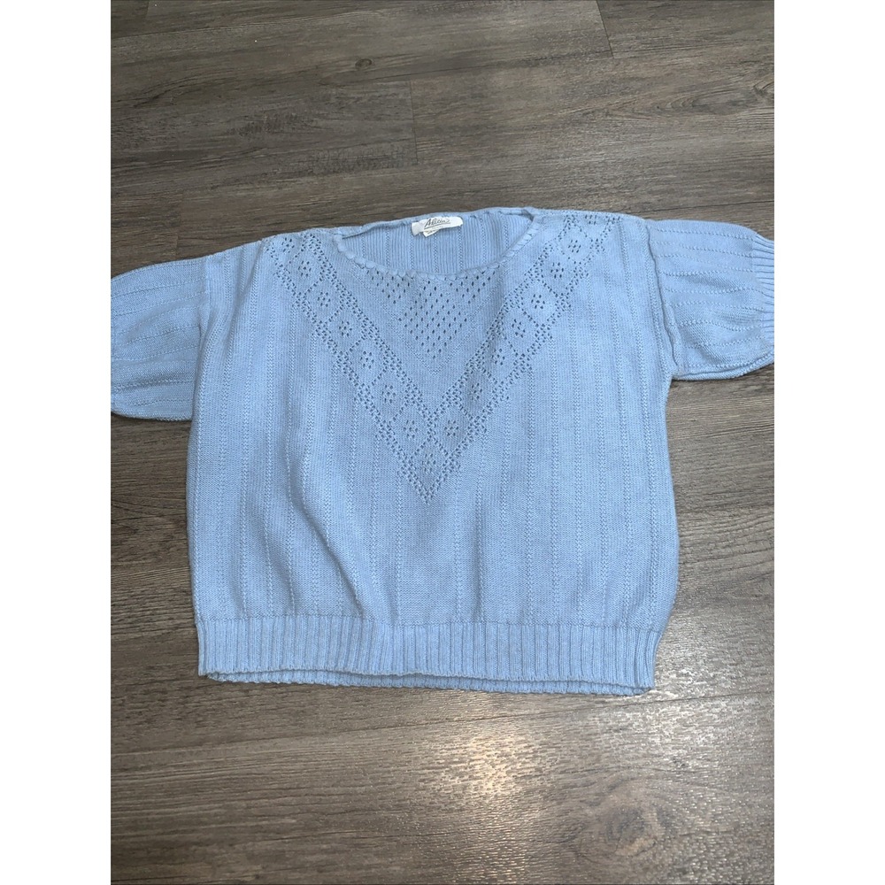 Vintage Alicia Petite Short Sleeve Color Blue Cotton Knit Sweater, Sz M